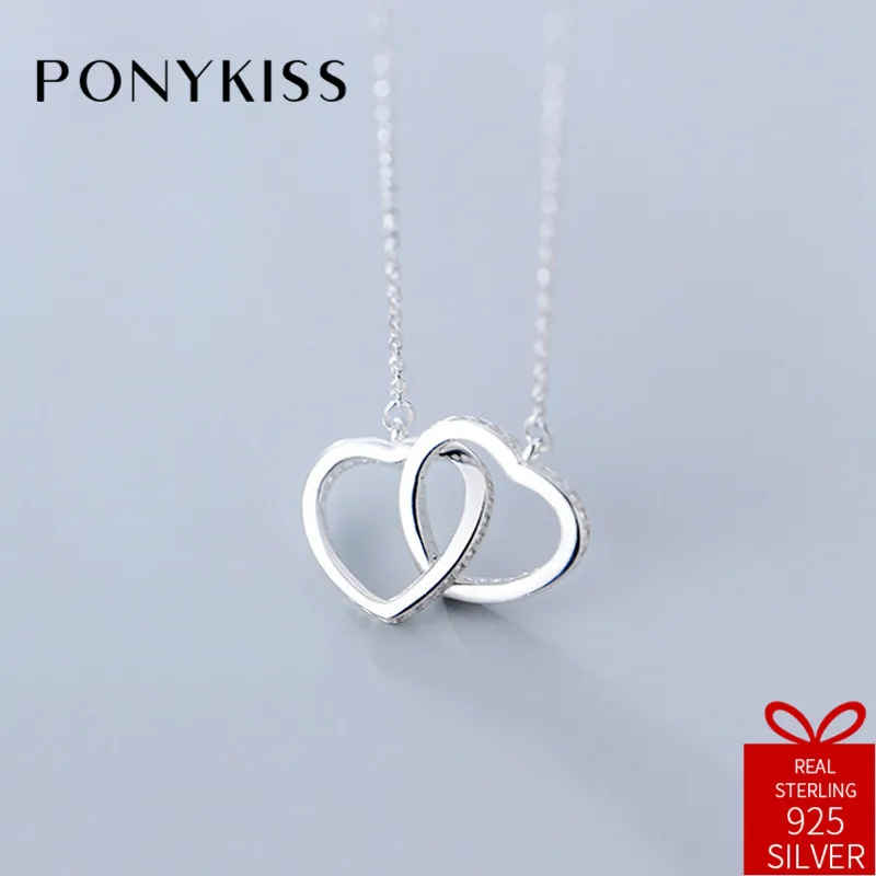 

PONYKISS Romantic 100% 925 Sterling Silver Zircon Heart To Heart Pendant Necklace For Women Party Delicate Accessory Fine Gift