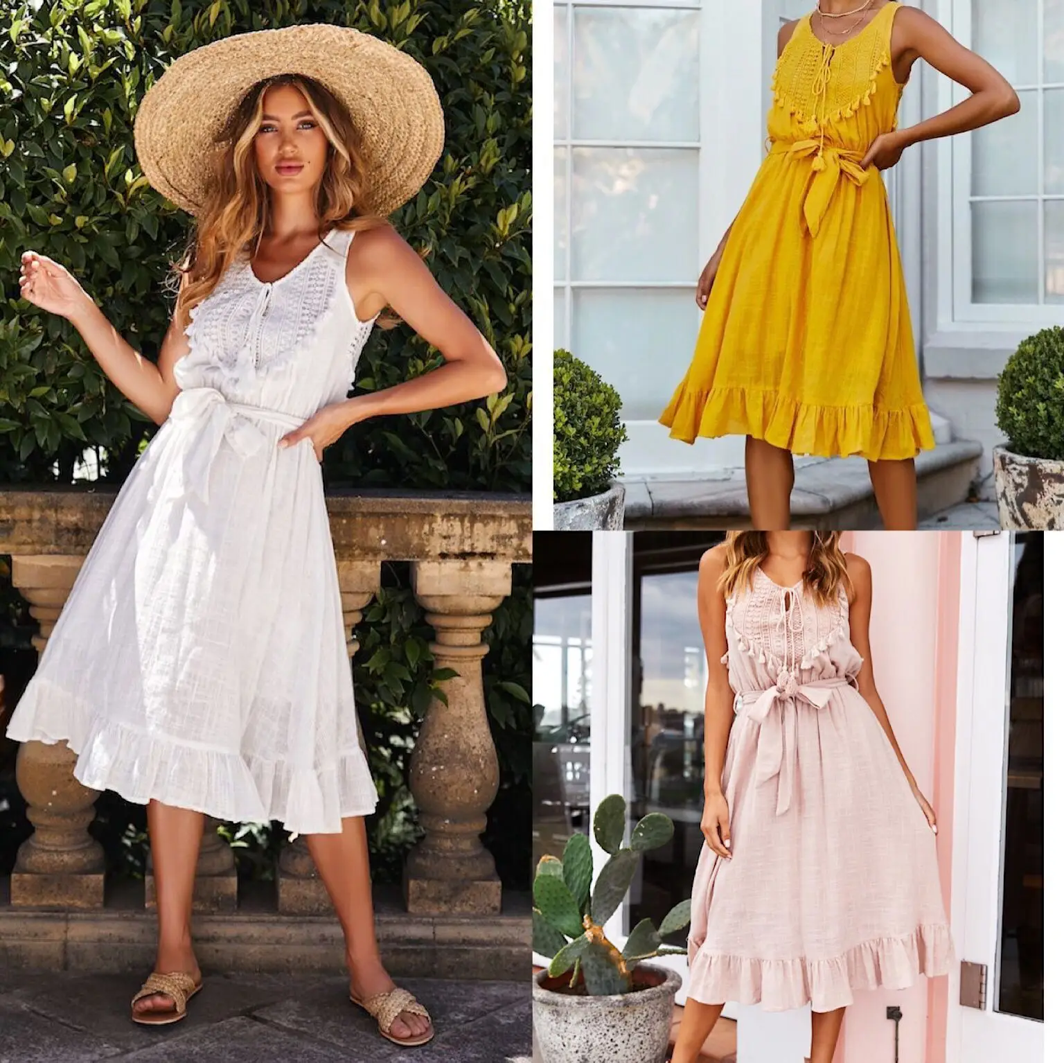 

Sexy Dress Tied Back Ruffles Woman Dressessleeveless cotton and linen dress with a lace waistband