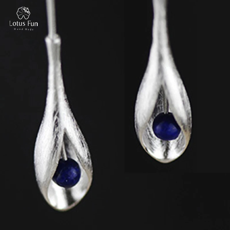 Lotus Fun Real Solid 925 Sterling Silver Drop Earrings for Women Red Coral/Blue Lapis Long Thread Dangling Earings Fine Jewelry