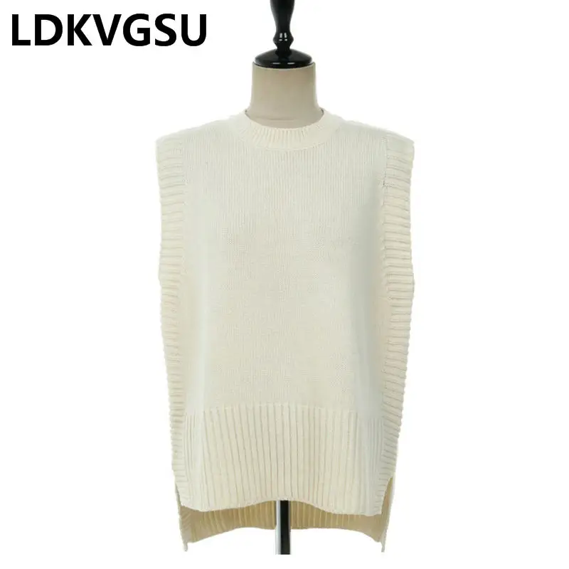 Корейский большой размер свободный свитер жилет женский круглый вырез сплошной цвет без рукавов короткий вязаный свитер весна осень Is1660 - Цвет: white