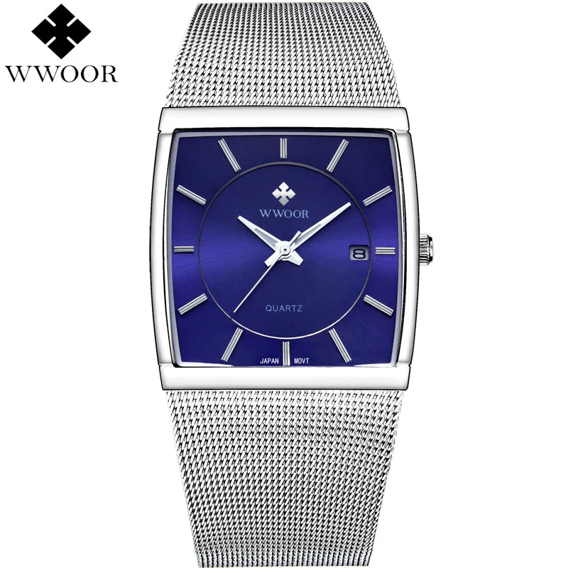 

WWOOR Brand Luxury Men Square Quartz Watch Men Business Date Clock Male Silver Stainless Steel Sports Watches relogio masculino