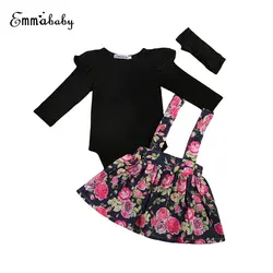 Одежда для маленьких девочек 2017 г. рубашка с длинными рукавами черная футболка цветок Комбинезоны для девочек юбка принцессы Кружево пачка