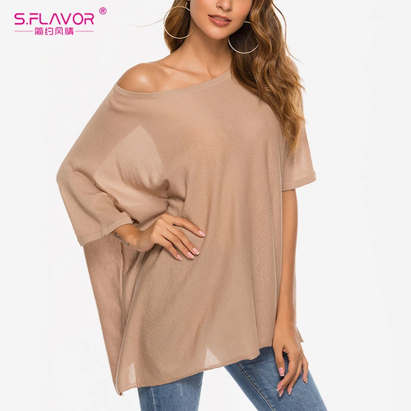 

S.FLAVOR 2019 New Women Batwing Sleeve Loose Sweater Fashion Casual Thin Knitted Pullovers Women Sexy Jumper Pull Femme