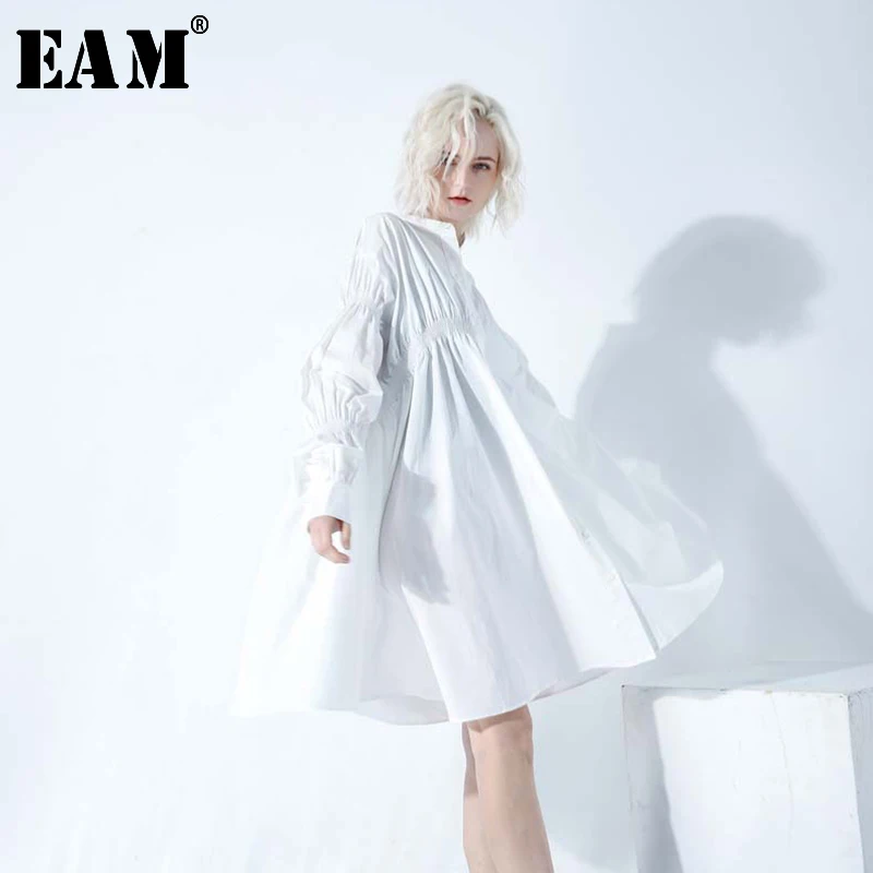 

[EAM] 2019 Spring Summer Woman Solid Color Long Puff Sleeve Stand Collar Single Breasted Loose Pleated Straight Dress LI08