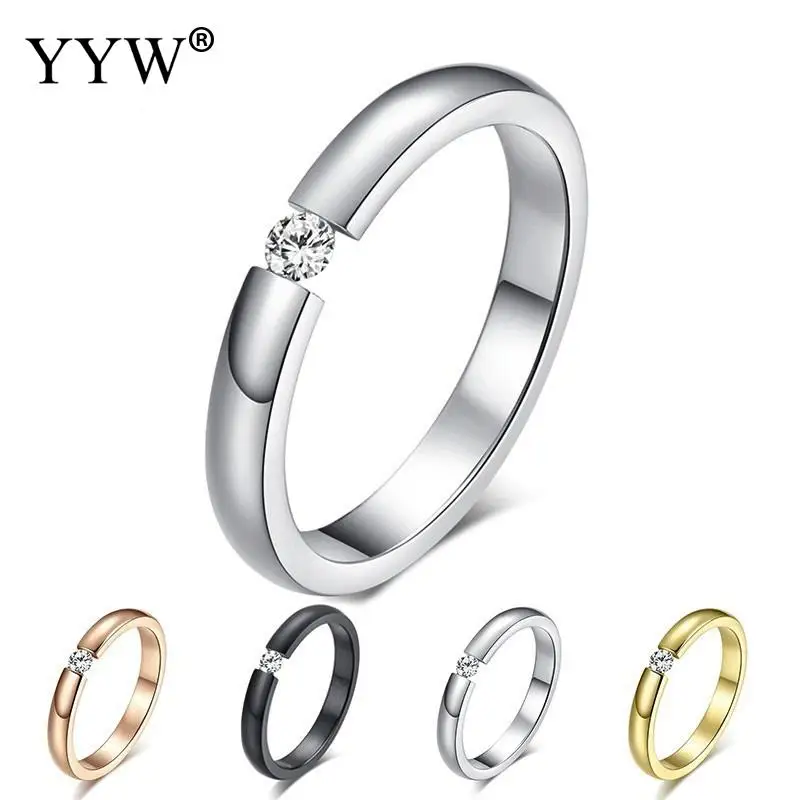 

Solitaire Finger Rings For Women 3mm Thin Stainless Steel Ring CZ Stone Wedding Bands Elegant Lady Party Engagement Jewelry Gift