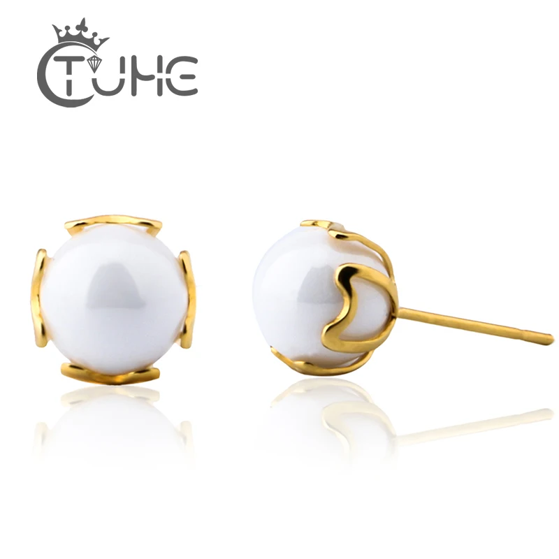 

Vintage Tibetan Gold Heart Stud Earrings For Women Fashion Round Ceramic Ball Women Earrings Party Wedding Jewelry Good Quality