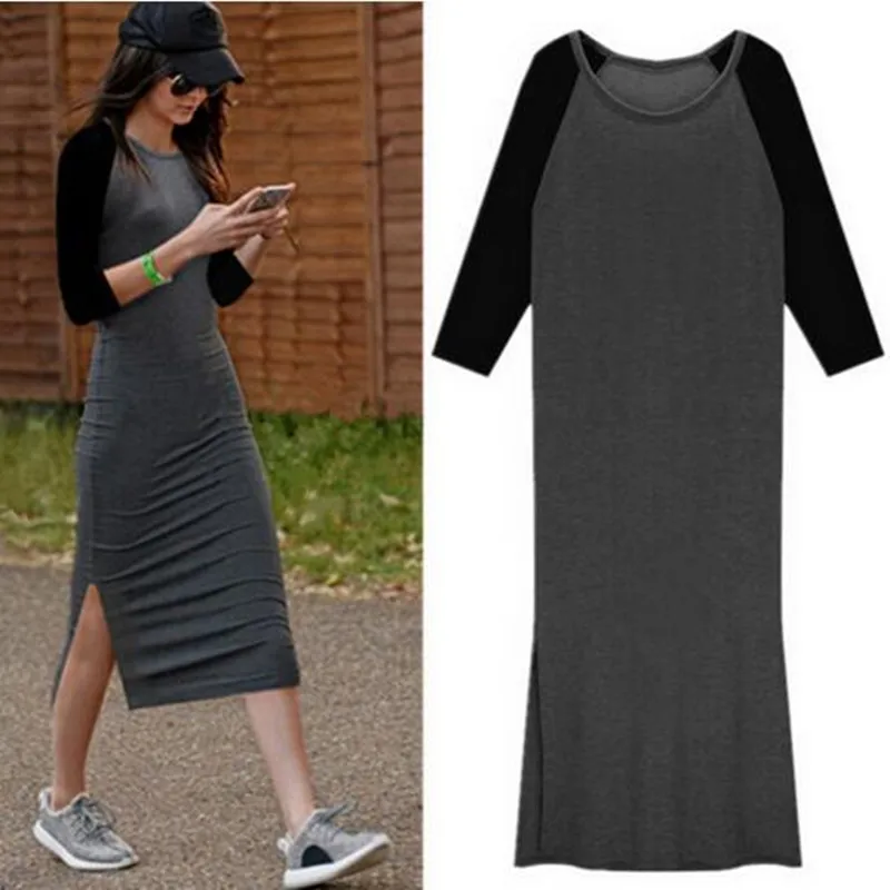 

2019 Spring Brand Women Dress Black Gray patchwork Cotton three quarter Sleeve Bodycon Basic Dress Vestido,plus size dress S-6XL