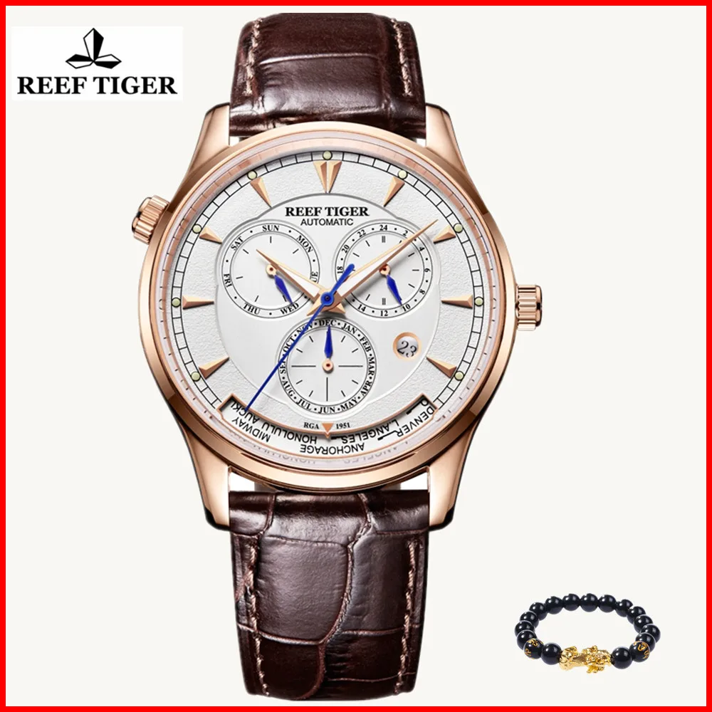 

Reef Tiger/RT Mens Automatic World Time Watches Date Day Month Rose Gold Leather Sport Multifunction Waterproof Watch RGA1951