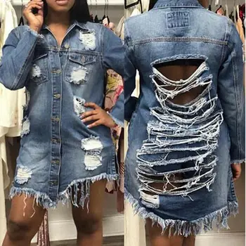 

Hot sale cowboy coats hollow out turn down collar long sleeve Denim Oversized Longline Ripped Detail Boyfriend Jacket S-3XL