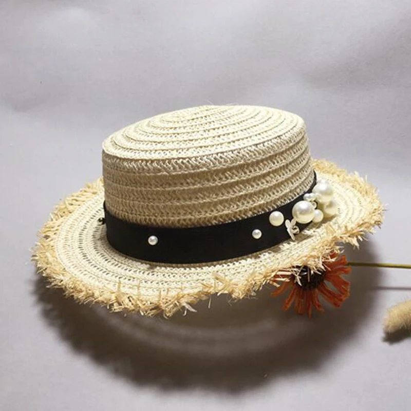 Lovely Flat Top Straw Hat Summer Spring Women'S Trip Caps Leisure Pearl Beach Sun Hats Breathable Fashion Flower Girl Hat