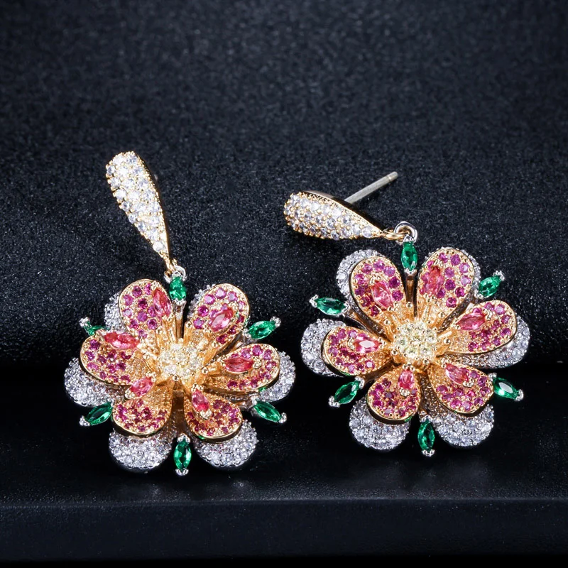 Najtaniej Pera geometryczne duże wiszące kwiaty biżuteria srebro 925 Rose Red i Emerald Green Crystal długi spadek kolczyk dla kobiet E099