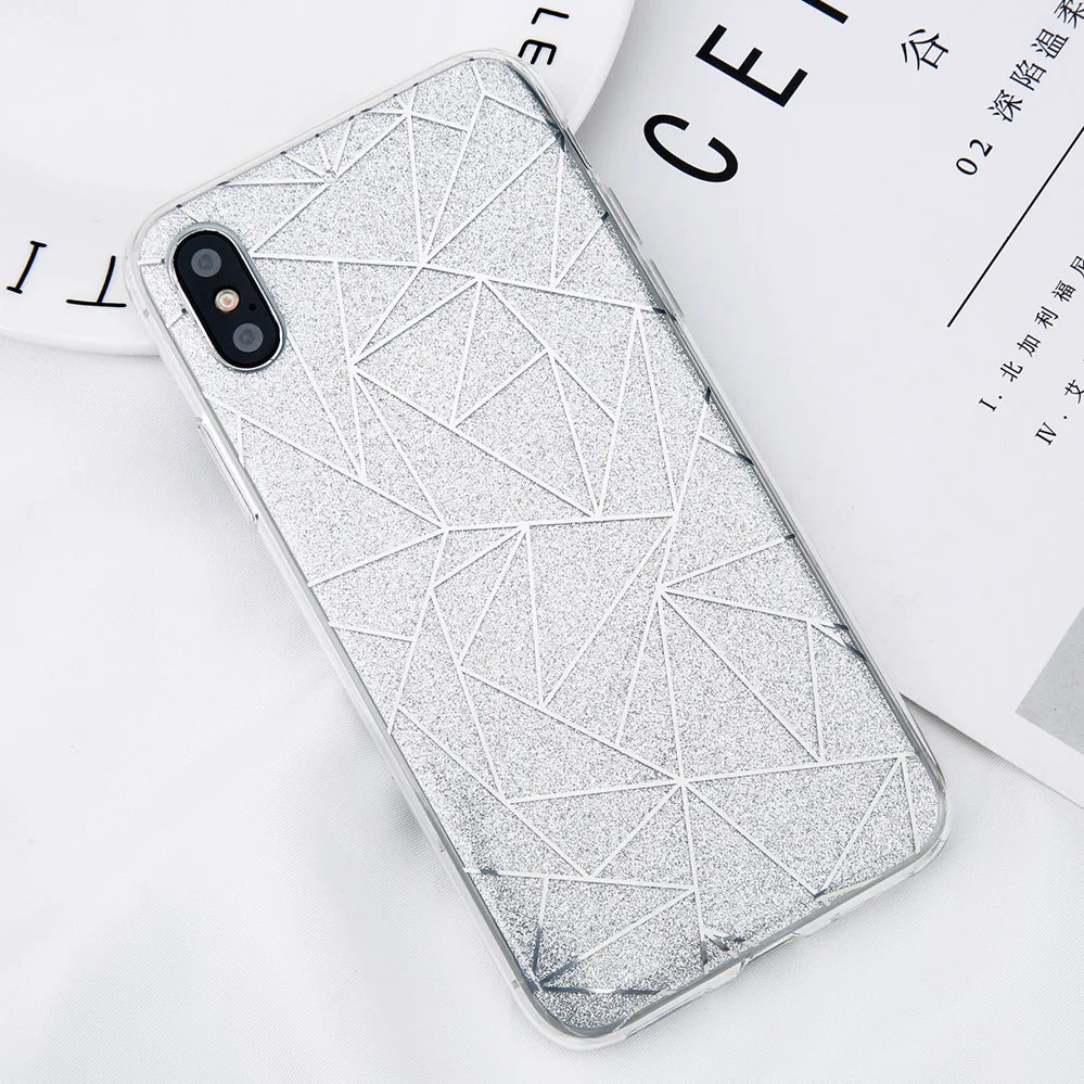 For iPhone X 7 Plus 6 6S 8 Case Cover Glitter Powder Silver Rhombus Soft TPU Phone Cases Capa |