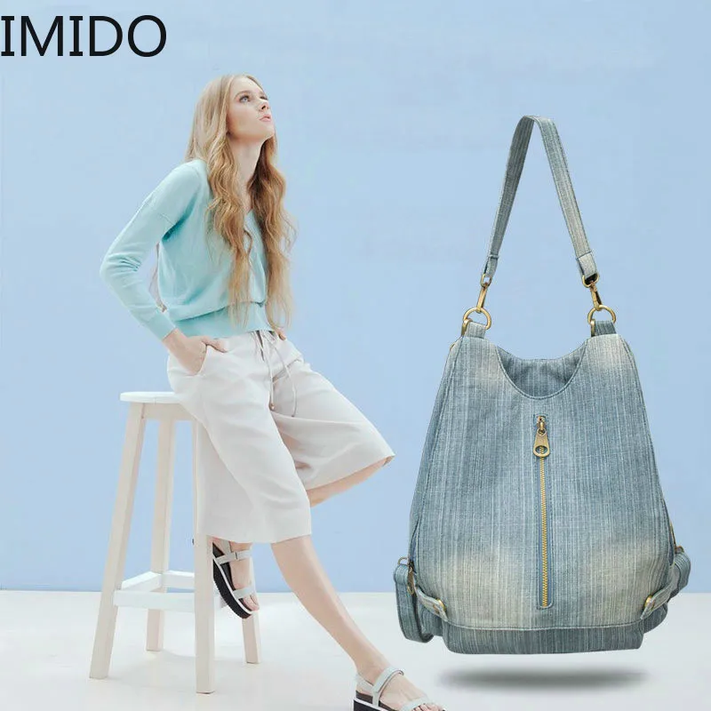 

IMIDO Women Vintage Washed Denim Jean Backpack Girl Fashion Multifunctional Travel Shoulder Bag Big Campus Mochila Bolsa Luxury