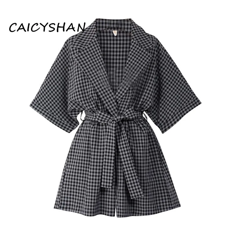 

New Summer Style Fashion Women Jumpsuit Plus Size Loose Turn-Down Collar Plaid Sashes Jumpsuit For Women Large Short Playsuits