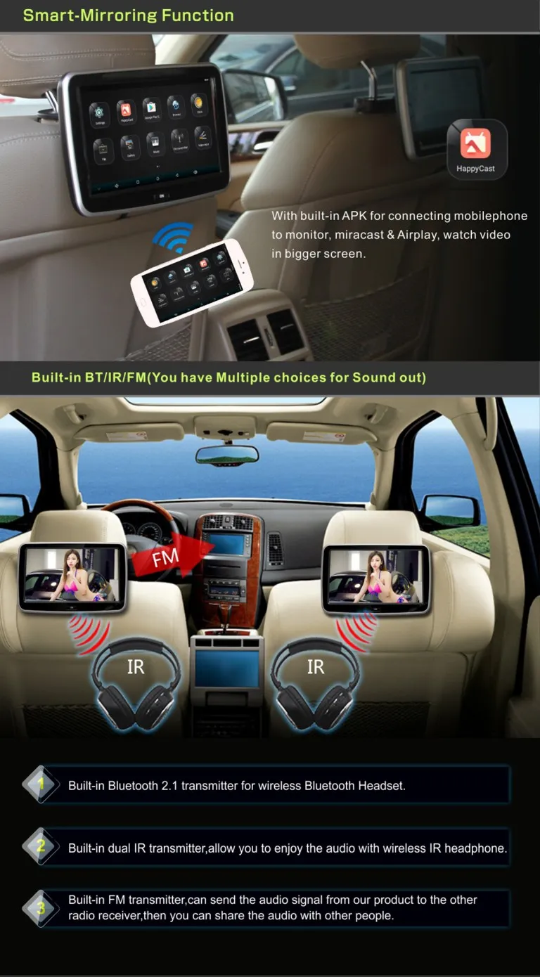 Android Car Headrest Player Screen 10.1 inch IPS HD Monitor WiFi Speaker Bluetooth FM IR transmitter Seat install (7)