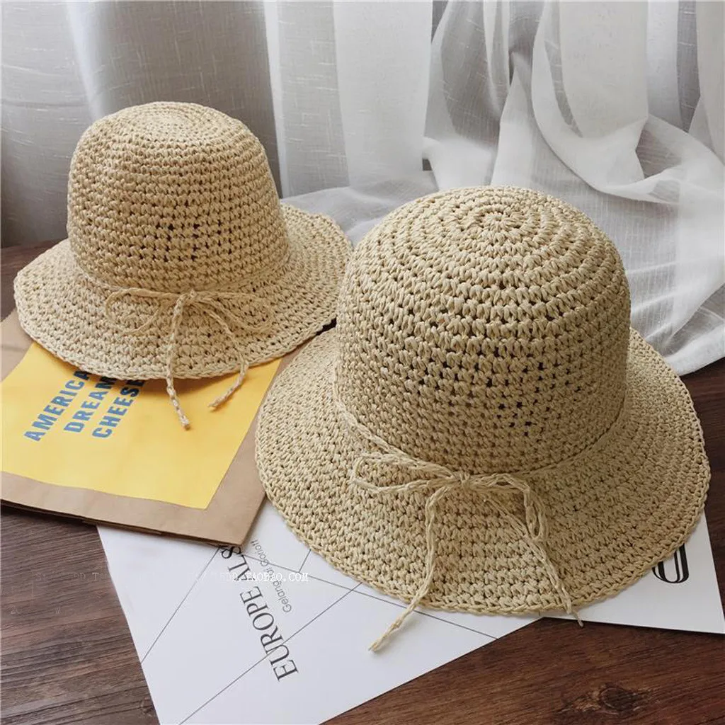 

Summer Parent-child Women Baby Kids Girl Beach Bow Straw Flat Brim Sun Hat Cap Czapki Dla Dzieci Casquette Enfant Kids Hat