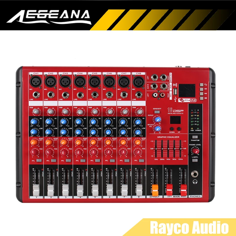 

USB 6 Channel Professional Live Studio Audio Mixer New Mixing Console 2-Band Equalizer Built-in Effects With Bluetooth 48V