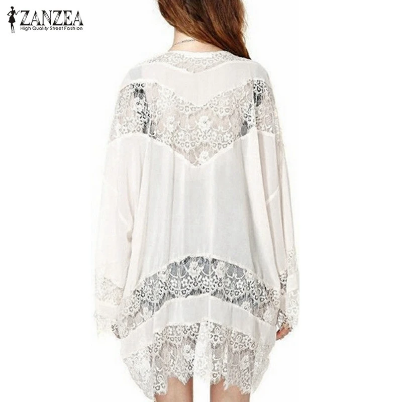 Plus Size ZANZEA Women 2019 Casual Vintage Kimono Cardigan Lace Crochet Chiffon Loose Blouse Tops Beach Beige Black White