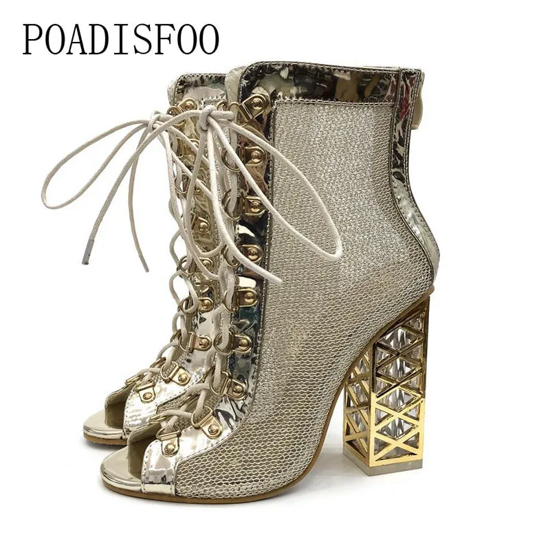 

POADISFOO European And American Style 2019 Spring New Crystal Thick With Sandals High Heel Fish Mouth Sandals JXQ-923-13