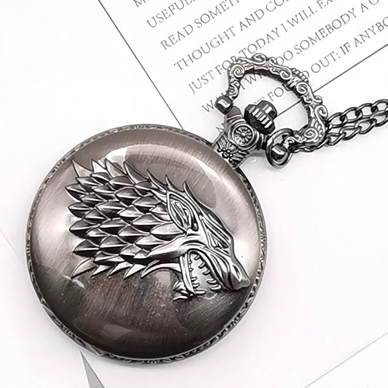 

Game of Thrones Stark House Symbol Vintage Pocket Watch Necklace Direwolf Pattern Quartz Pocket Watches Gifts for Men Women