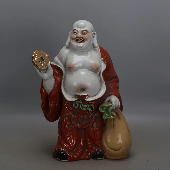 

Old QingDynasty porcelain Buddha statue,Red cloth bag Luohan sculpture,Hand Painted Decoration /Collection/ crafts,Free shipping