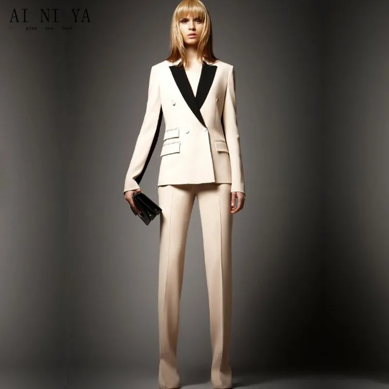 Jacket+Pants Women Business Suit Ivory Jacket Black Lapel