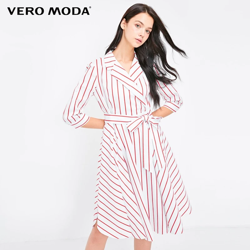 

Vero Moda 3/4 Sleeves Stripe Print Suit Collar Dress Shirt Dress | 31837C527