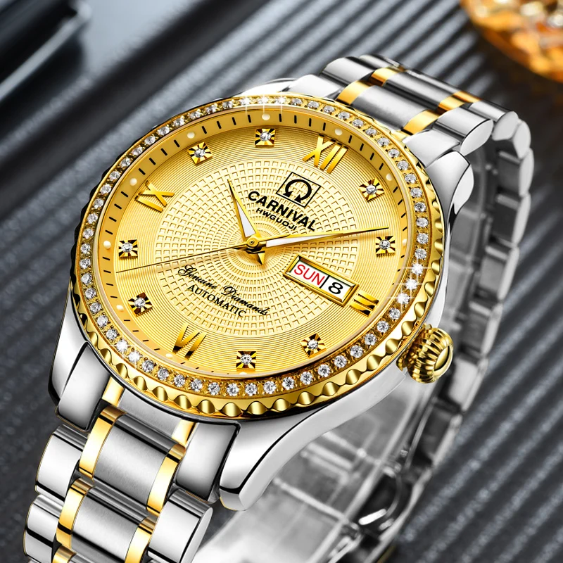 

Luxury Carnival Mechanical Men Watch Diamond Sapphire Waterproof Luminous Day -Date Male Gold Wristwatch