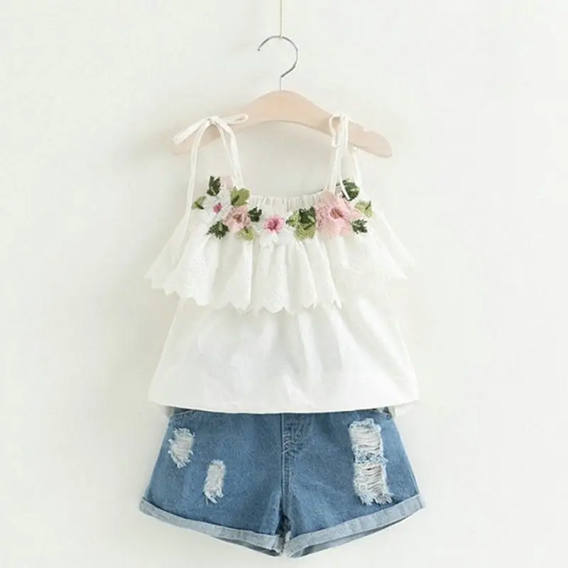 

children's clothing 2018 spring new girls flower T-shirt embroidery sleeveless strap baby girl clothes 2-7 y