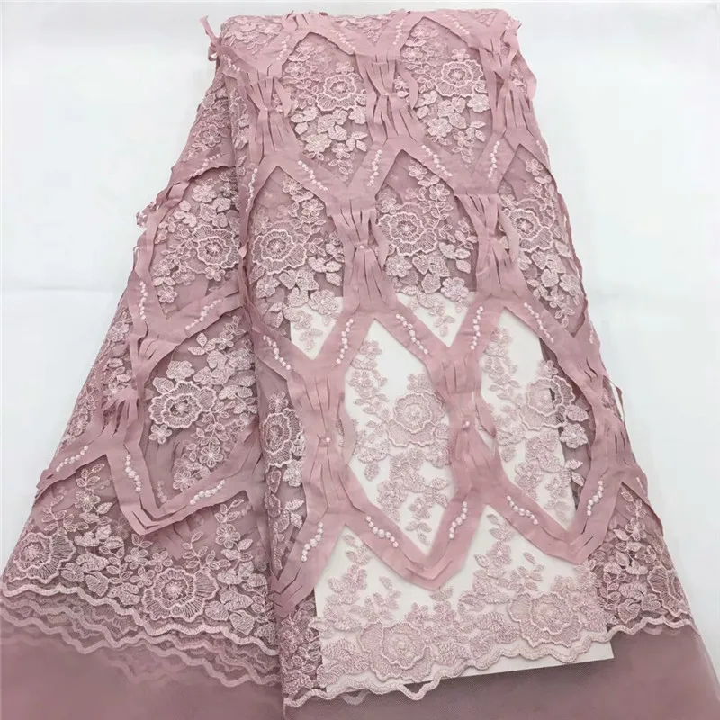 

2018 Pink African tulle lace fabrics with beads embroidery 3d flower sewing lace net lace fabric for women wedding dress rf-1570