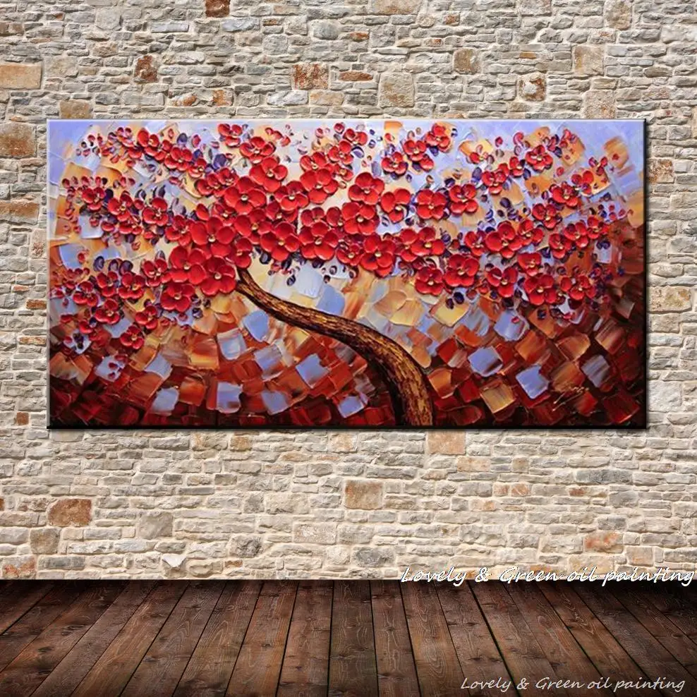 100% Hand Painted Aesthetic Living Red Floral Tree Abstract Modern Oil Painting On Canvas Wall ...