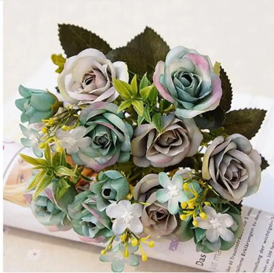 Искусственные цветы 13 голов/маленький букет бутонов шелковых роз имитация цветов листья зеленые вазы для дома осень украшает для