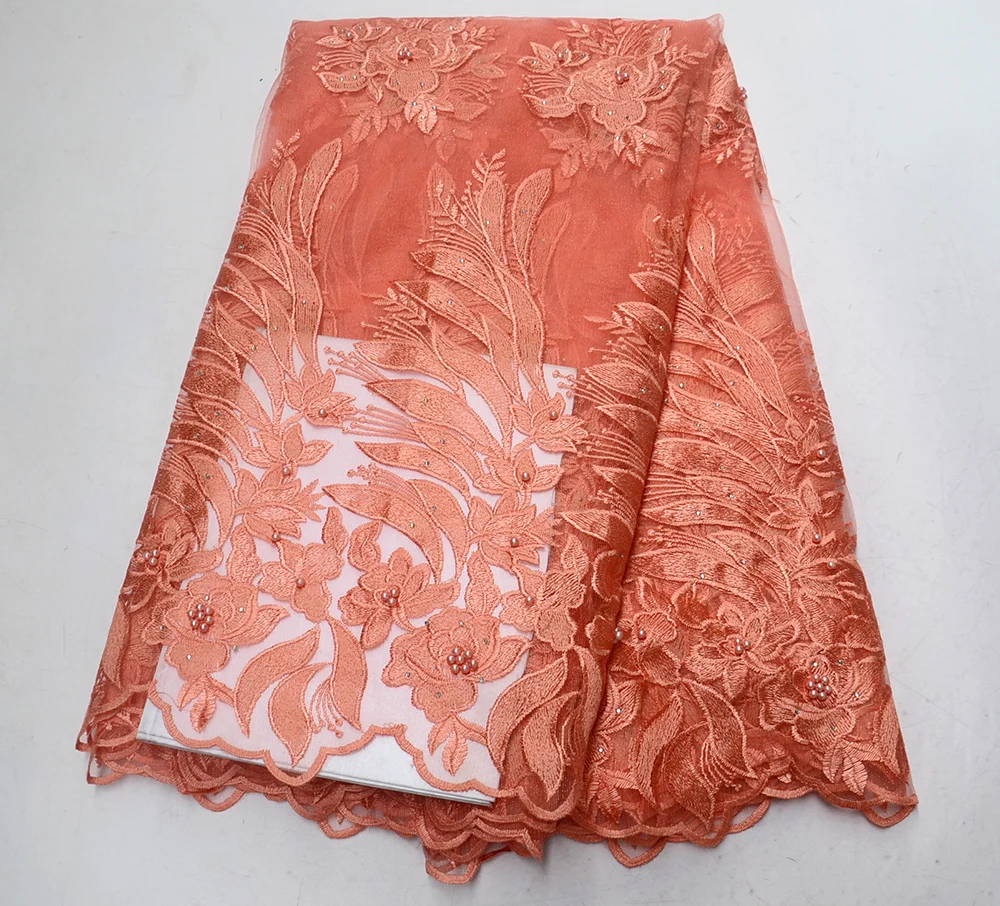 

New African Lace peach High Quality Guipure Cord Lace Fabric With Rhinestones french tulle lace fabrics for Party Dress