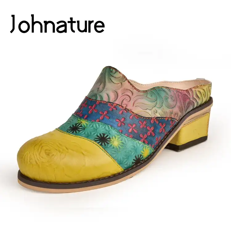 Тапочки из натуральной кожи Johnature разноцветные шлепанцы с цветочным принтом для