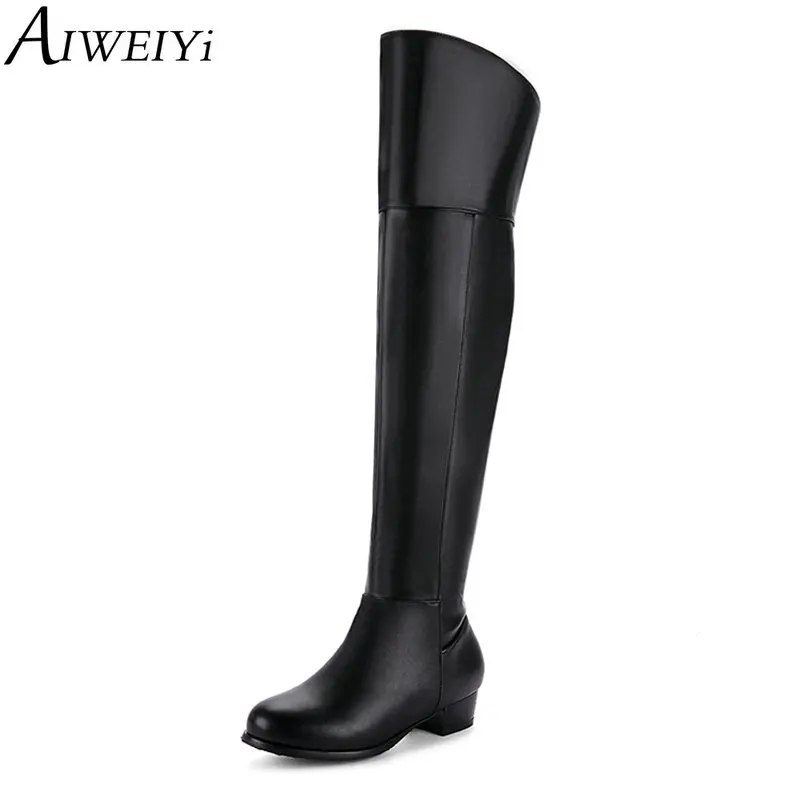 

AIWEIYi Black Over the Knee Boots for Women Thick Heel Platform Shoes Med Heels Thigh High Boots Warm Winter Motorcycle Boots