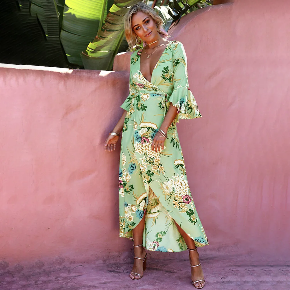 Acheter Imprimé Floral été Maxi robe femmes Vintage col en V Sundress plage 2018 printemps 3 4 Flare manches Boho Vestidos