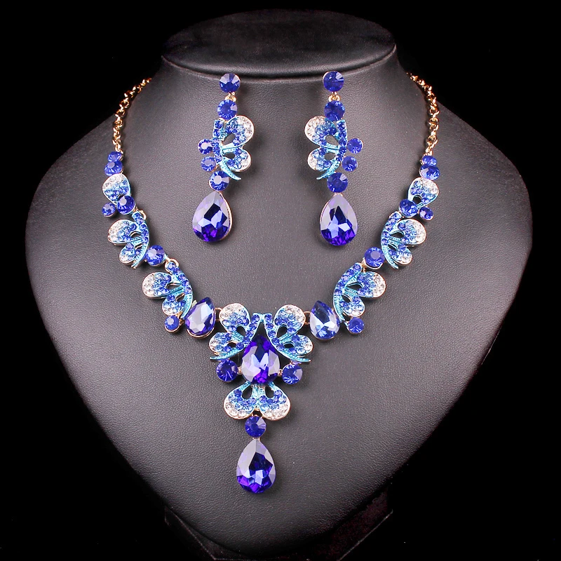 Мода бабочка Синие стразы кристалл ожерелье серьги вечерние свадебные ювелирные наборы украшения аксессуары подарок на Рождество для женщин