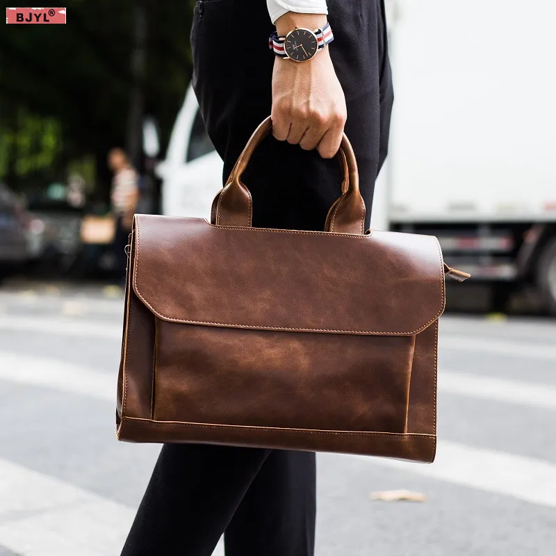 

BJYL Genuine Leather Men handbag Business vintage 14" laptop briefcase male brown/black leather Messenger Shoulder Diagonal Bags