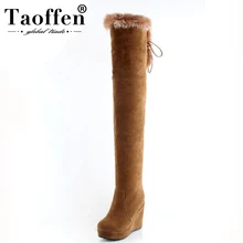 Taoffen/Сапоги выше колена; женская обувь на высоком каблуке; сапоги на танкетке с натуральным мехом на платформе и молнии; зимние высокие сапоги; женская обувь; размеры 34-43