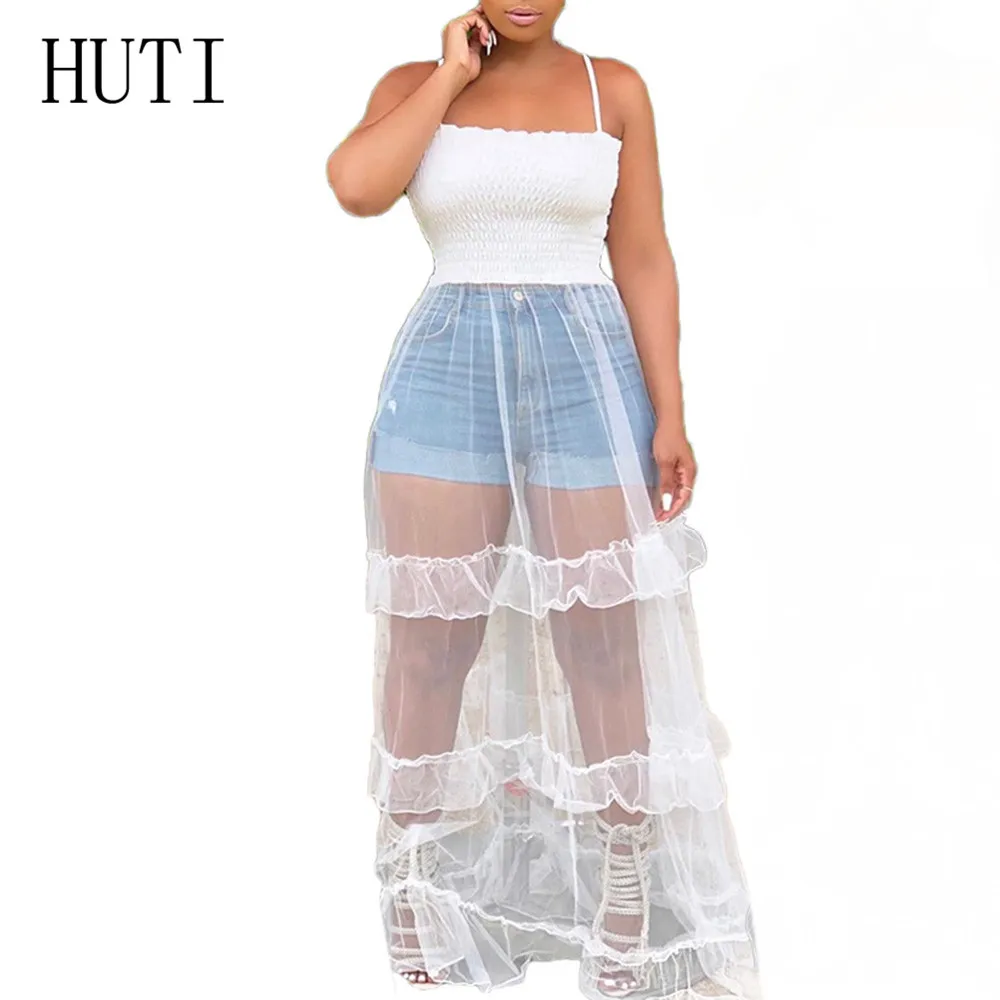 

HUTI Summer Mesh Dresses Spaghetti Strap Off Shoulder Sleeveless Maxi Dress Women Hollow Out See Through Night Party Club Dress
