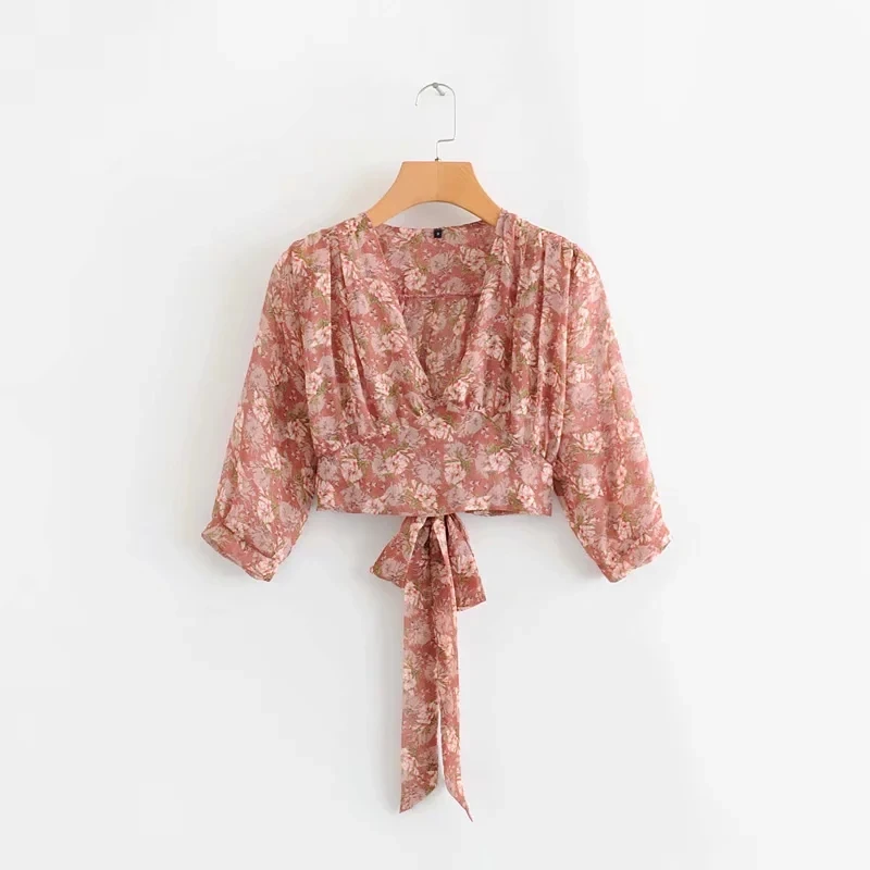 

Flower Printing Women V Neck Elegant Chiffon Blouse Leisure Female Three Quarter Sleeve Shirt 2019 Summer Sexy Tops S5868