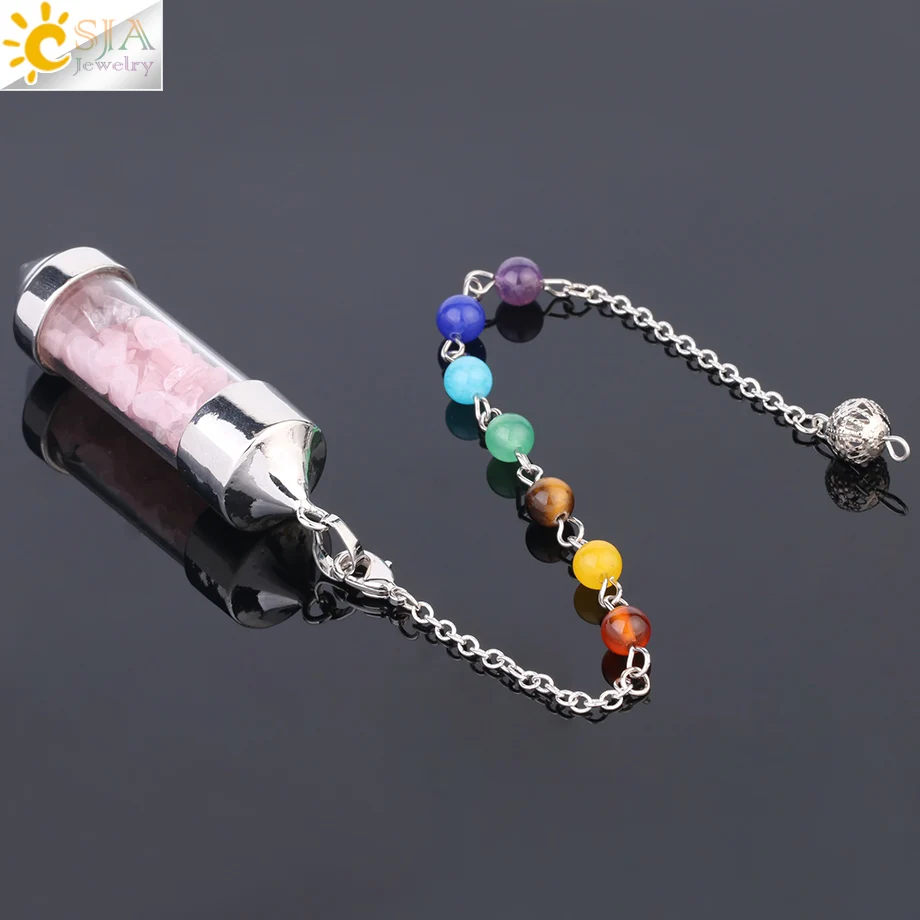 CSJA New Arrival 7 Chakra Wishing Bottle Pendulum Reiki Natural Chip Stone Pendant Necklace for Women Men Divination Amulet F976