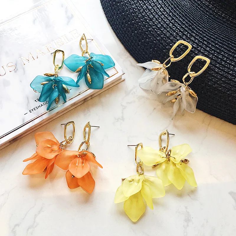

Summer New Fashion Acrylic Petal Flower Tassel Earrings For Women Trendy Ear Accessories Beach Orange Green White Brincos