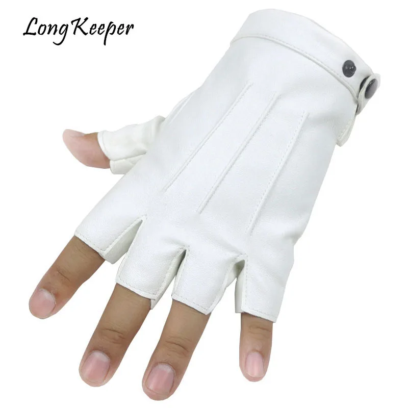 Long Keeper Men Genuine Leather Gloves High Quality Slip-resistant Luvas Half Finger Sheep Leather Fingerless Gloves gants moto mens leather gloves for winter