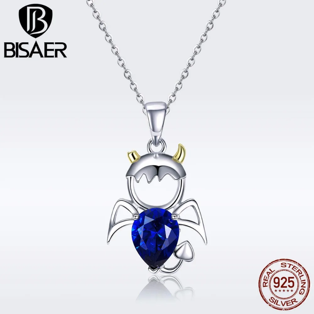

BISAER 925 Sterling Silver Necklace Devil Figure Angel Pendant Blue CZ Necklaces Women Sterling Silver Jewelry Collar ECN283