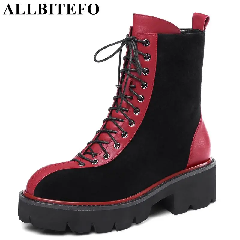 

ALLBITEFO genuine leather women boots mixed colors fashion cool girls ankle boots ladies platform shoes work motorcycle boots