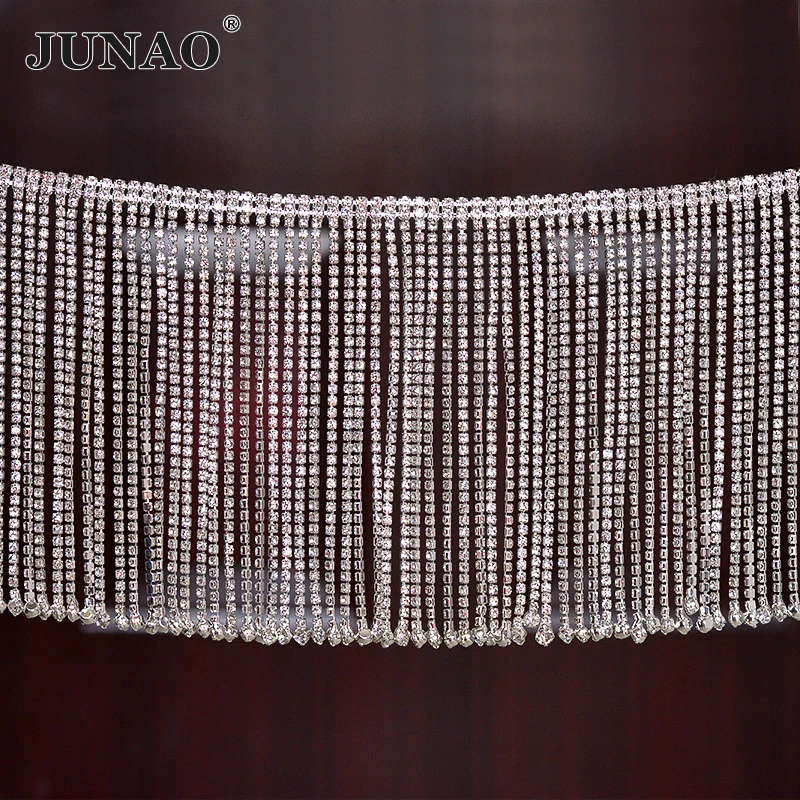 JUNAO 45cm Sewing Crystal AB Rhinestones Fringe Chain Glass Stones Tassel Metal Trim Crystal Applique Strass Tape for Dress DIY