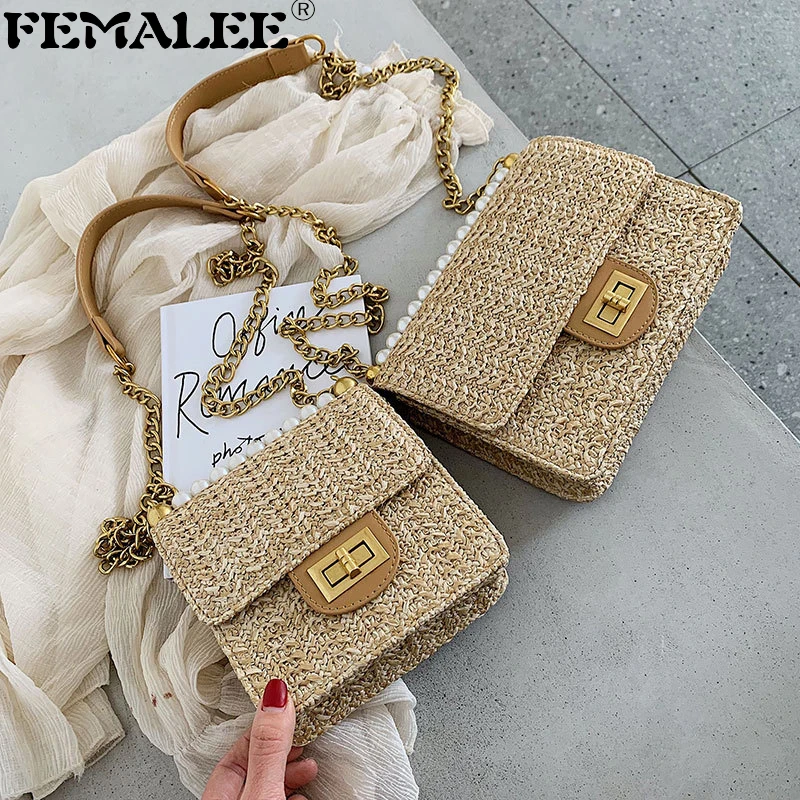 

2019 Fashion Women Bohemia Straw Bags Women Flap Handbag Girls Cross Bags Summer Beach Pearl Handle Chains 2 Size Shoulder Bags
