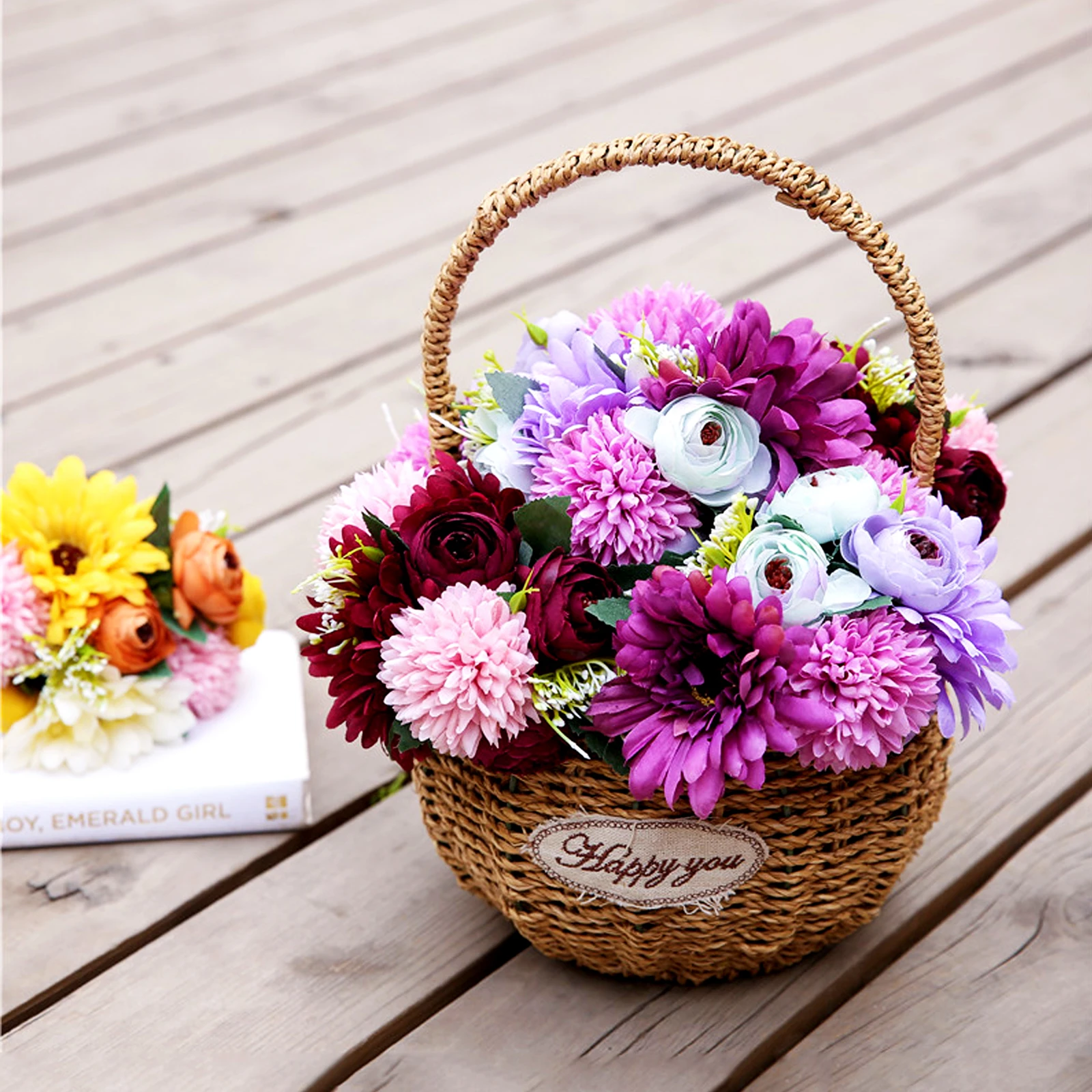 Artificial Hydrangea Hanging Basket Outdoor Decor Wicker Basket Faux Flowers