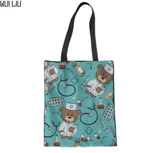 Женская сумка, Холщовая Сумка, сумка на плечо для девочек-подростков, мультяшный медведь, мягкая пляжная сумка, льняная многоразовая сумка для покупок